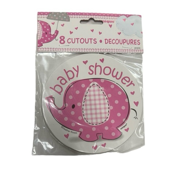 8 baby shower cutout decorations. Pink and white colored new in packaging! - Picture 1 of 3